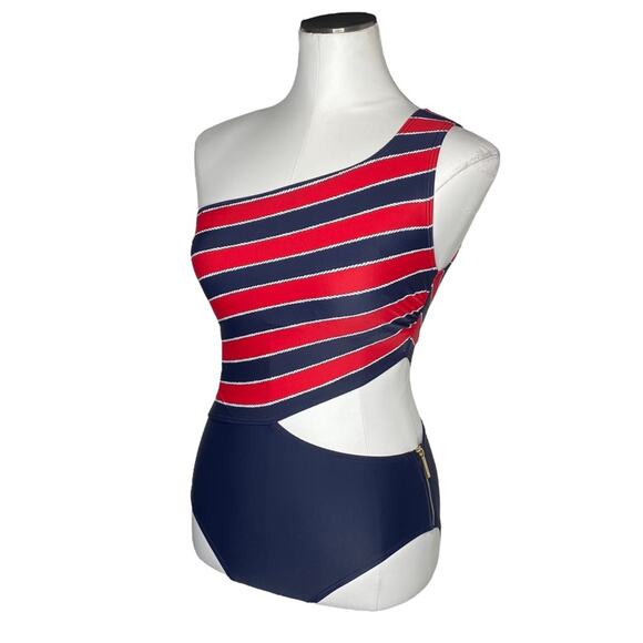Michael Kors Rope Rugby Stripe One Shoulder Cut Out One-Piece Swimsuit - Picture 5 of 13
